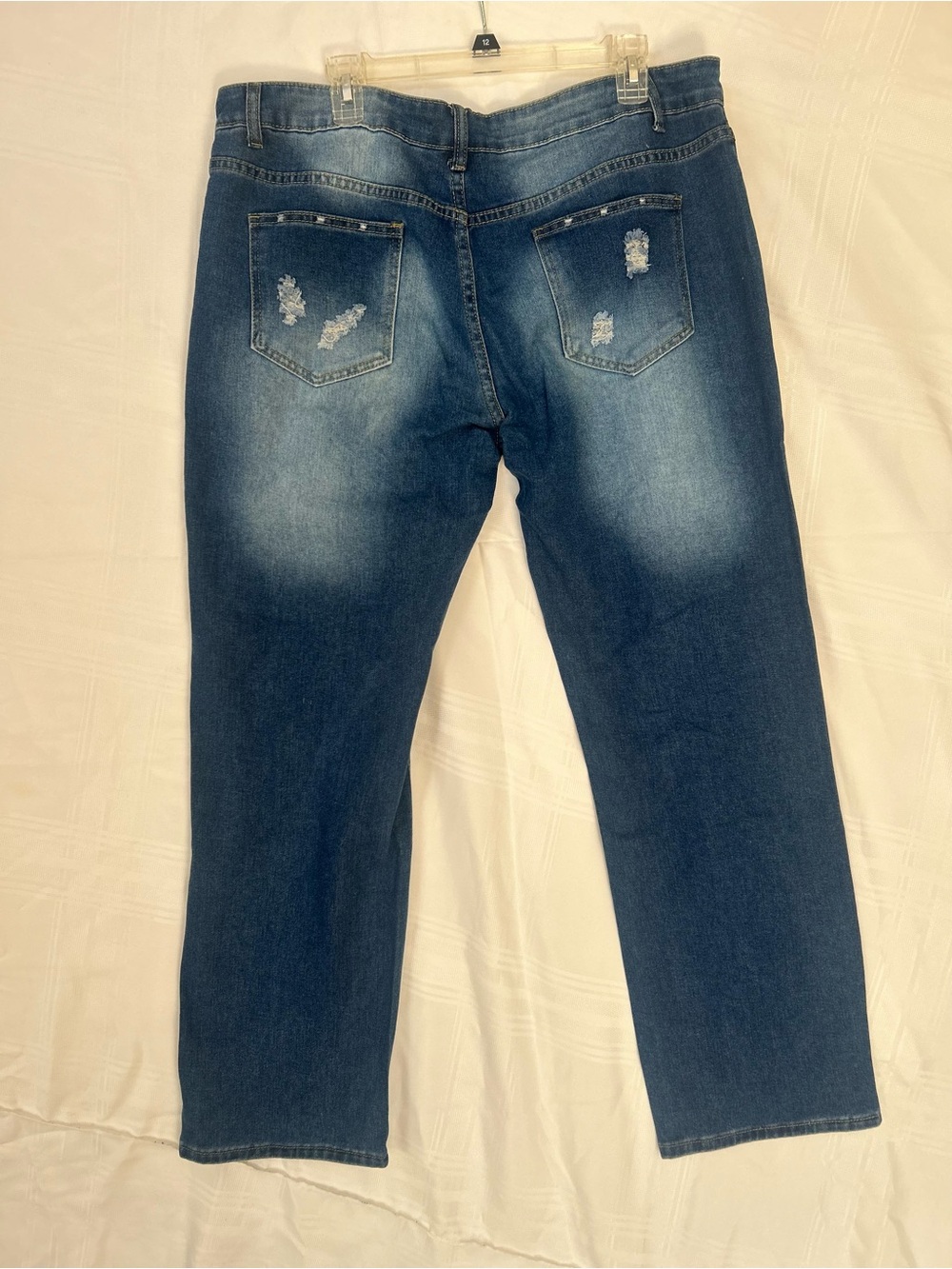 Plus size Embellished Distressed Dark Blue boot cut Jeans with Floral Patches 2X - Picture 7 of 11